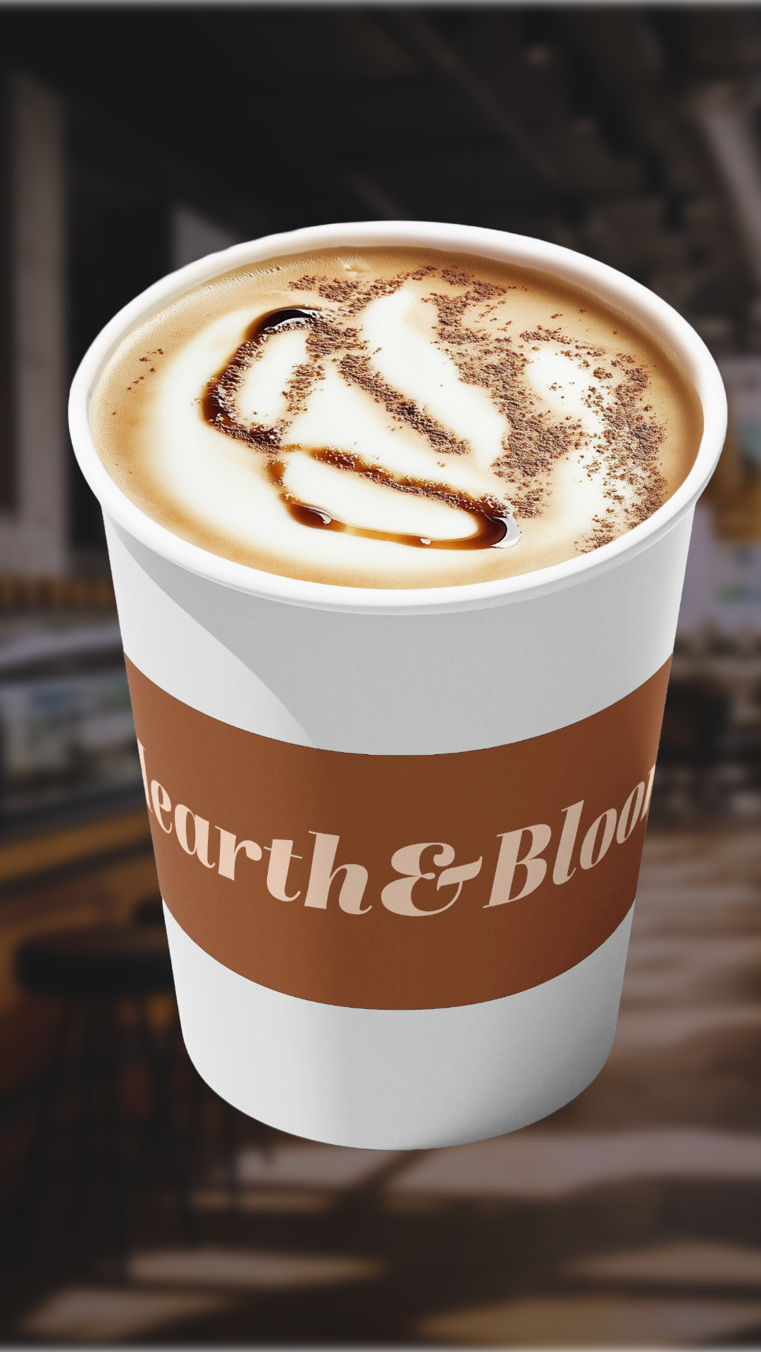 Paper coffee cup mockup featuring the Hearth & Bloom brand logo and cozy design elements