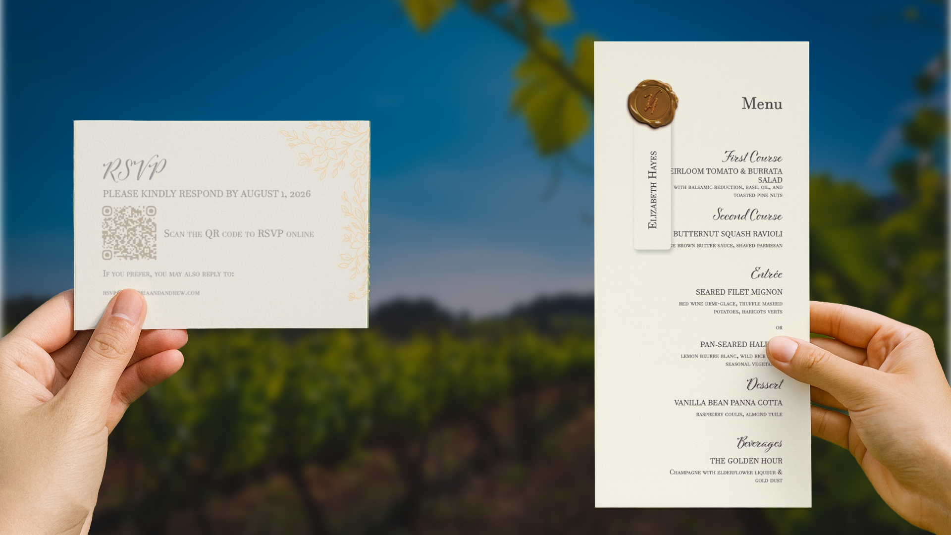 Mockups of RSVP card with overlay and a menu card held, showcasing wedding stationery design