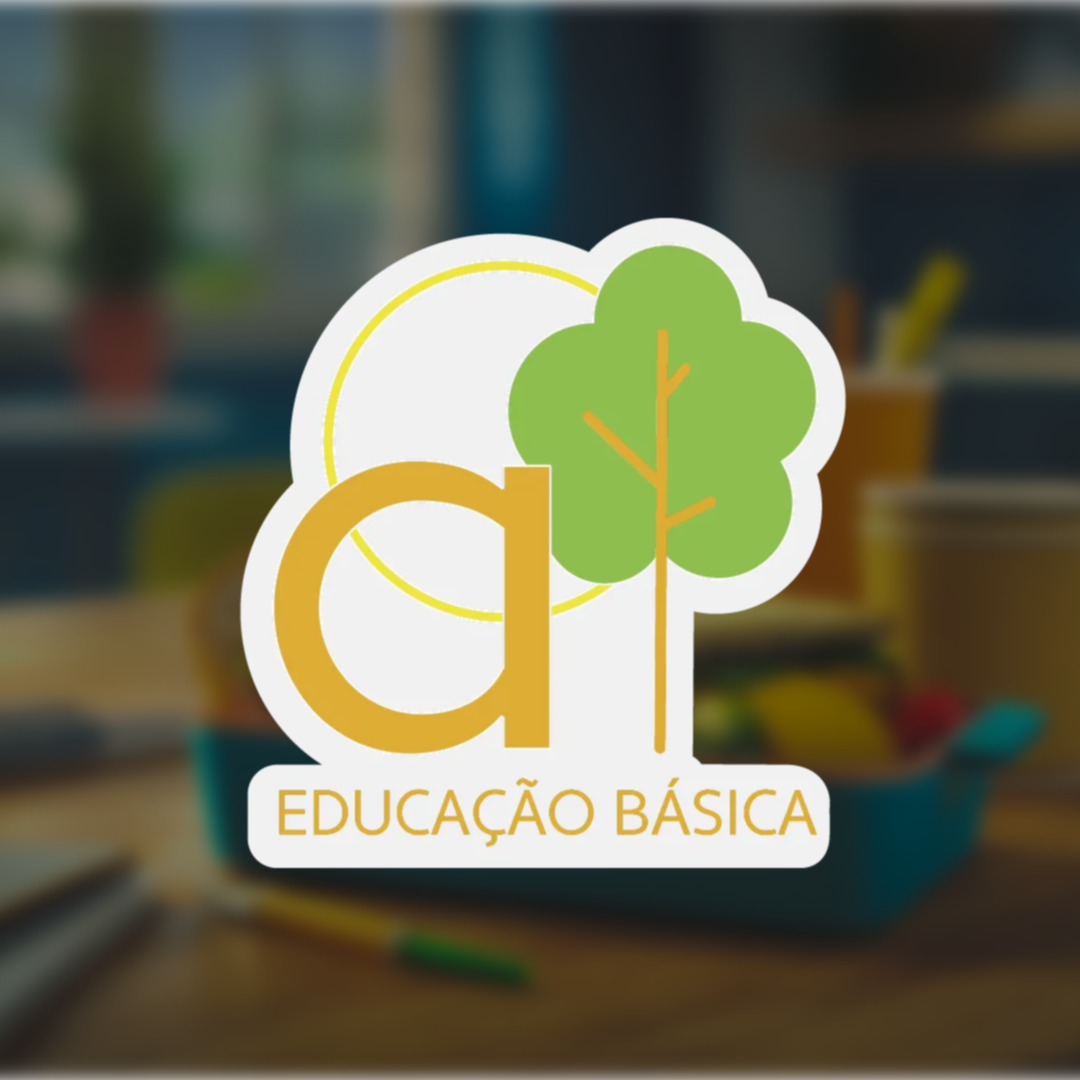 Mini Alfa logo with 'Educação Básica', designed like a sticker with decorative borders